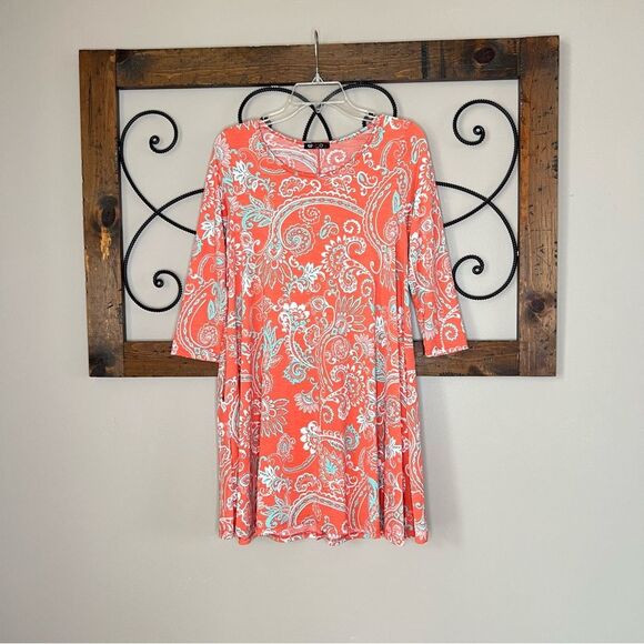 Vision Paisley Floral A-Line Pocket salmon Blue Dress Size Small - Picture 3 of 12
